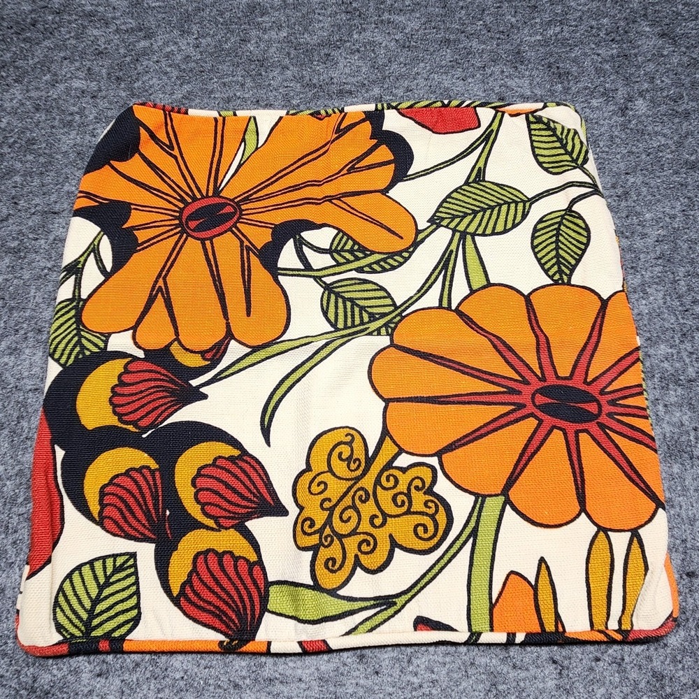 Vintage Retro Groovy Square Pillow Case Orange Bold Print Flowers Serval Zipper